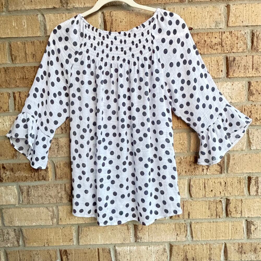 White Black Polka Dot Smocked Peasant Blouse Womens Small Boho Ruffle Sleeve - Picture 4 of 9